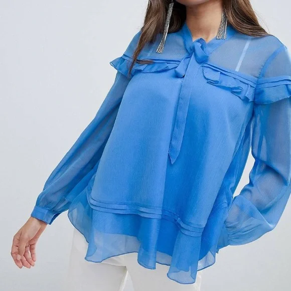 ASOS Tops Nwt Asos Longsleeve Ruffle Pussybow Blouse In Blue
